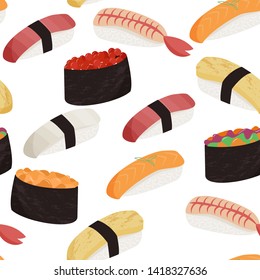 Sushi pattern. Japanese dishes seamless pattern. Food background.