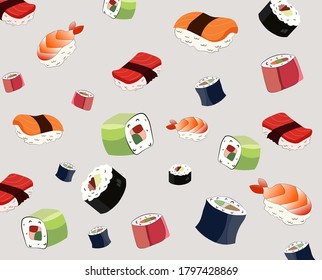 Sushi pattern with maki rolls, tuna, salmon and shrimp nigiri. Japanese food. Vector