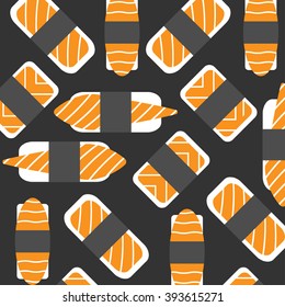 sushi pattern on dark background flat style. fast food. japanese cuisine
