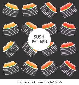 sushi pattern on dark background flat style. fast food. japanese cuisine
