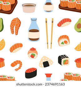 Sushi pattern. Sushi and rolls seamless banner. Tobiko maki, philadelphia roll, onigiri, shrimp nigiri, tekkamaki tuna roll, futomaki, sake temaki