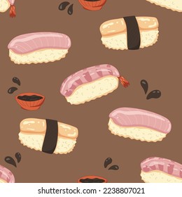 Sushi pattern with soy sauce drops. Asian food composition , rice, fish, shrimp food. Vector seamless hand drawn pattern