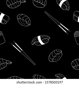 sushi pattern with white borders on black backgound. eel and salmon with tamago and chopsticks vector