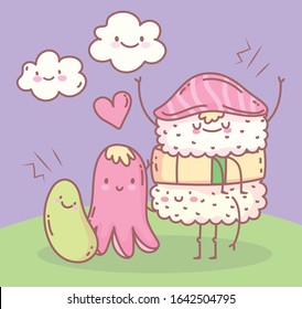 sushi pea and octopus menu restaurant food cute vector illustration