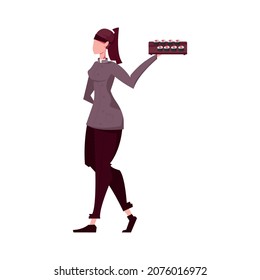 Sushi people composition with female character of waiter carrying tray with sushi rolls vector illustration