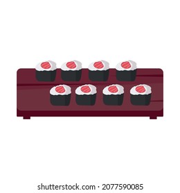 Sushi people composition with image of wooden tray with sliced pieces of sushi roll vector illustration