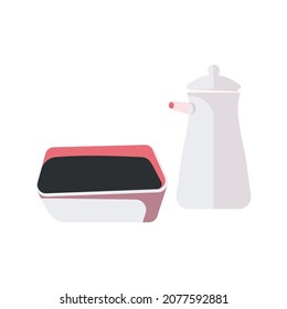 Sushi people composition with isolated image of tub with soy sauce and small pot vector illustration
