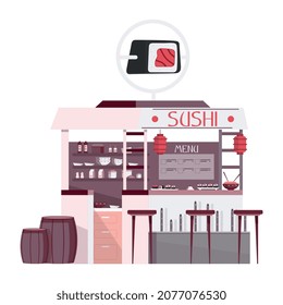 Sushi people composition with view of bar stand with asian food and text vector illustration