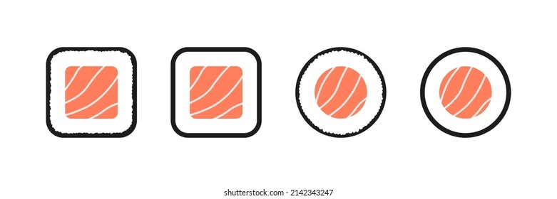 Sushi piece roll set. Asian seafood group. Vector isolated on white.
