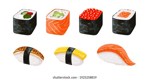 Sushi pieces collection. Fresh maki rolls pieces with rice and nori. Realistic sushi set.
