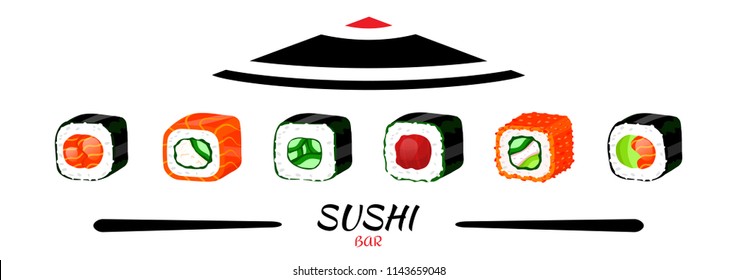 Sushi pieces placed between chopsticks and hat isolated on white. Popular street food. Sushi banner,flyer. Modern flat cartoon style vector illustration. Sushi restaurant,delivery,logo,cafe banner
