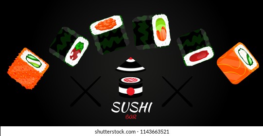 Sushi pieces placed between chopsticks isolated on black. Popular street food. Sushi banner,leaflet,flyer. Modern flat cartoon style vector illustration. Sushi restaurant,delivery,logo,cafe banner