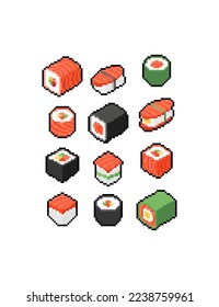 Conjunto de imágenes en píxeles de sushi. rollos 8 bits Kit de comida tradicional japonesa. alimentos pixelados