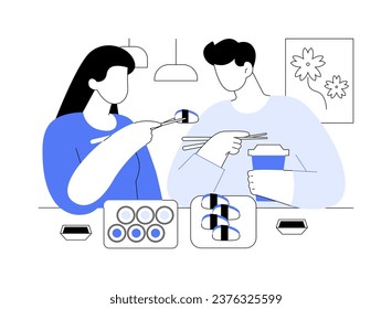 Sushi place isolated cartoon vector illustrations. Happy couple eating sushi together, holding chopsticks, people lifestyle, eating out in restaurant, Japanese cuisine menu vector cartoon.