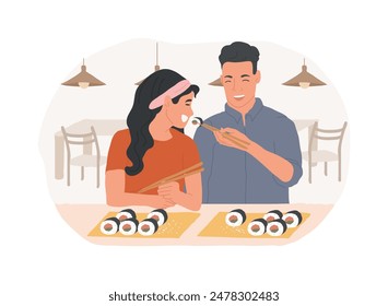 Sushi place isolated cartoon vector illustrations. Happy couple eating sushi together, holding chopsticks, people lifestyle, eating out in restaurant, Japanese cuisine menu vector cartoon.