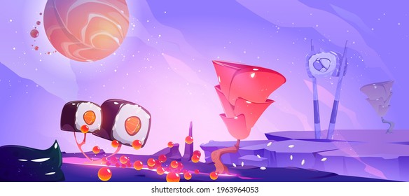 Sushi planet poster with fantasy landscape with trees with roll and ginger and salmon planet in sky. Vector banner of restaurant or arcade game with cartoon illustration