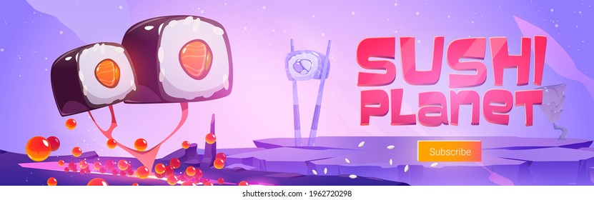 Sushi planet website with fantasy landscape with trees with roll and ginger and salmon planet in sky. Vector landing page of restaurant or arcade game with cartoon illustration