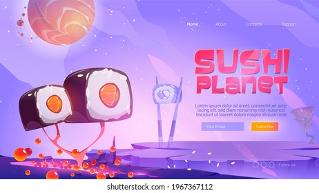 Sushi planet website with fantasy landscape with trees with roll and ginger and salmon planet in sky. Vector landing page of restaurant or arcade game with cartoon illustration