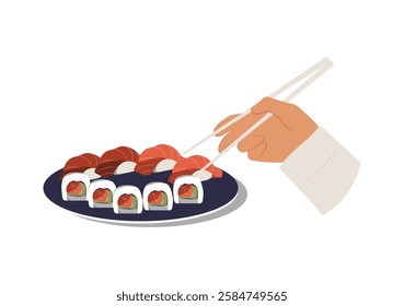 Sushi Plate With Nigiri And Maki Rolls In Flat Vector Illustration Symbolizing Japanese Cuisine, Seafood, And Asian Food, Isolated On White Background.