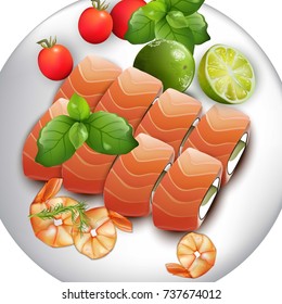 Sushi plate with salmon and shrimps. Japanese realistic vector food illustration