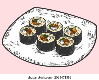 Sushi plate set. Japanese food color. Sketch scratch board imitation.