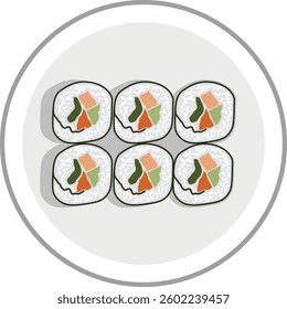 sushi plate top view,  Set of sushi rolls on a plate.