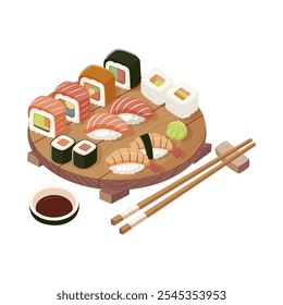 Sushi platter com pauzinhos e molho de imersão. Ilustração vetorial