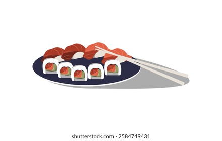 Sushi Platter With Nigiri and Rolls in Flat Vector Illustration Symbolizing Japanese Cuisine, Fine Dining, and Seafood Delicacies, Isolated on White Background