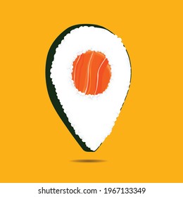 Sushi point. Sushi icon on pointer. Sushi restaurant. Delivery. Vector.