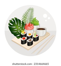 Sushi poster with gunkan maki and tropical plants. Vector illustration.
