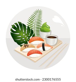 Sushi poster with nigiri and tropical plants. Vector illustration.