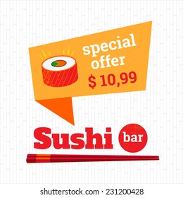 Sushi poster special offer on rolls. Logo sushi bar