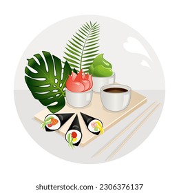 Sushi poster with temaki and tropical plants. Vector illustration.