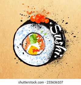 Sushi poster watercolor hand drawn with stains 