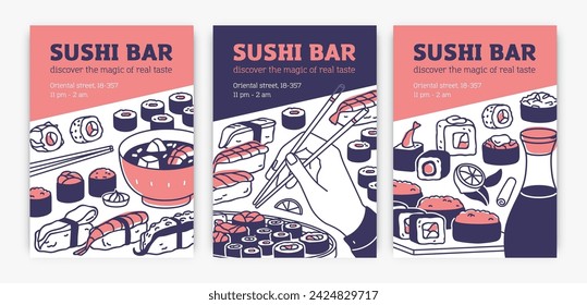 Afiches de sushi, volantes y fondos. Restaurante de comida japonesa, diseños de banner promocionales verticales. Rollos de susi de Japón, barra asiática, plantillas de tarjetas de publicidad de promoción. Ilustraciones de vector plano