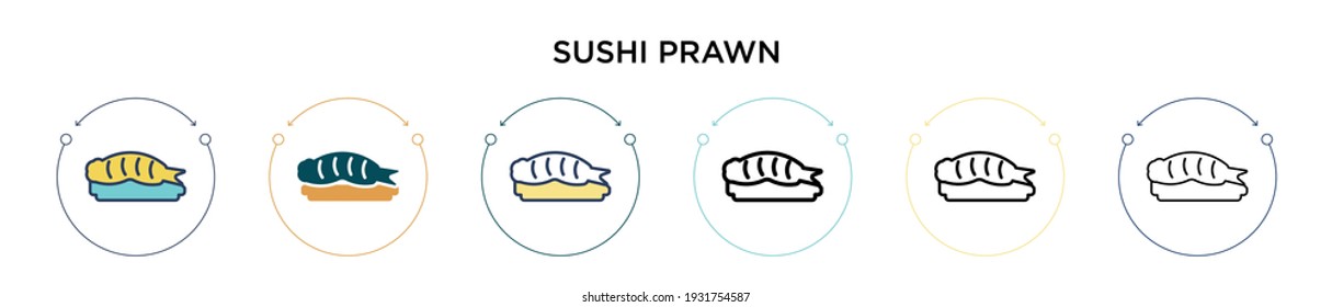 Sushi prawn icon in filled, thin line, outline and stroke style. Vector illustration of two colored and black sushi prawn vector icons designs can be used for mobile, ui, web