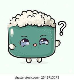 Sushi and question mark. Vector hand drawn cartoon kawaii character illustration icon. Isolated on light green background. Sushi character concept
