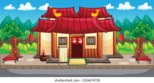 Sushi and Ramen Classic Style Restaurant in the village above the Mountain and Green Nature for Cartoon Vector Background Illustration Ideas