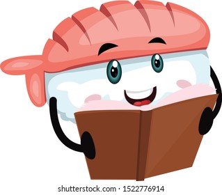 Sushi reading book, illustration, vector on white background.