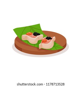 Sushi with red and black caviar on green leaf and wooden plate. Delicious Asian snack. Food theme. Flat vector design