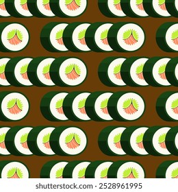Sushi repeat pattern.Sushi roll Japanese food seamless pattern isolated on brown background.Vector graphic background.