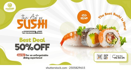 Sushi Restaurant banner design template, Horizontal web banner for sushi promotion, Sushi restaurant landing page