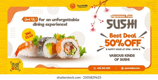 Sushi Restaurant Plantilla de diseño de Anuncio, Anuncio de Web Horizontal para la promoción de sushi, Sushi Restaurant landing page