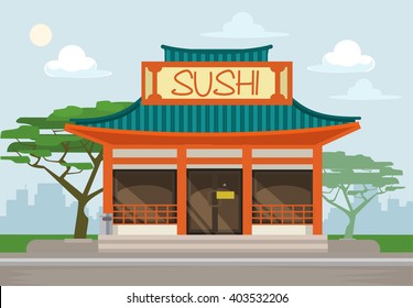 Sushi restaurant cafe building. Vector flat illustration