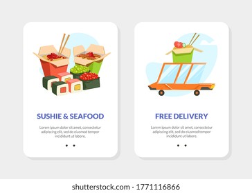 Sushi Restaurant, Chinese Food Landing Page Templates Set, Traditional Asian Meal Fast and Free Delivery, Online Food Ordering Website, Homepage Vector Illustration