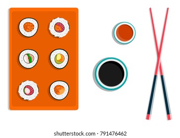 Sushi restaurant. Chopsticks holding sushi roll. Logo design in flat style. Vector illustration