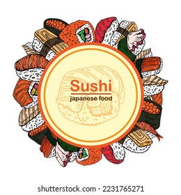 Sushi restaurant design template. Asian food round composition. Vector illustration