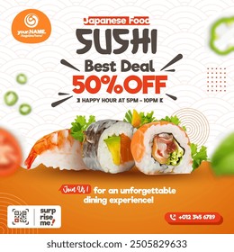 Sushi restaurant flyer design template for promotional, Sushi social media post promotion vector template