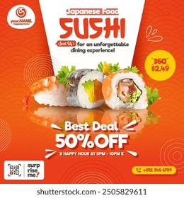 Sushi restaurant flyer template, Sushi social media post ads promotion