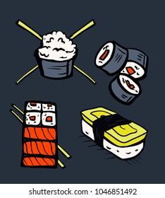 Sushi restaurant icons set. Asian cuisine. Colorful illustration.